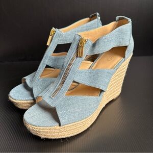 NWOB Michael Kors Blue Denim Zippered Wedge Espadrilles Shoes Women’s Size 9.5